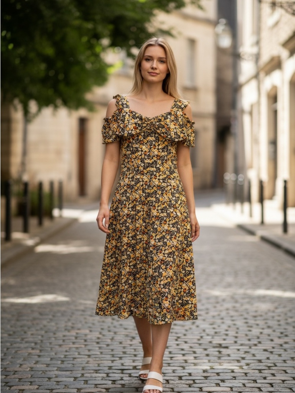 Cold-Shoulder Floral Midi Dress in Mustard